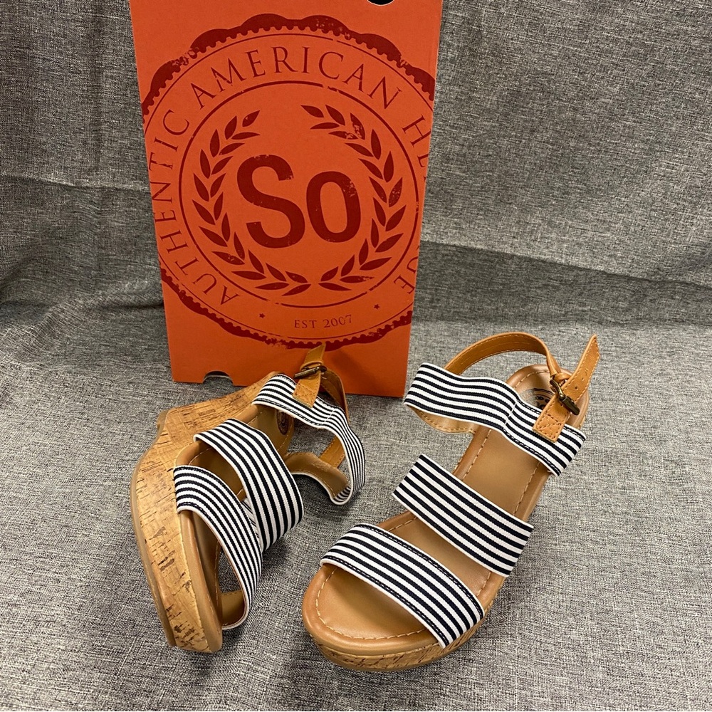 SO Black and White Striped Cork Wedge Sandals